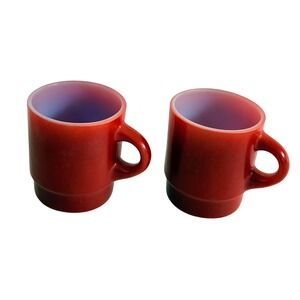 Anchor Hocking Fire King Fired-On Red Stackable Mugs Pair Vintage USA